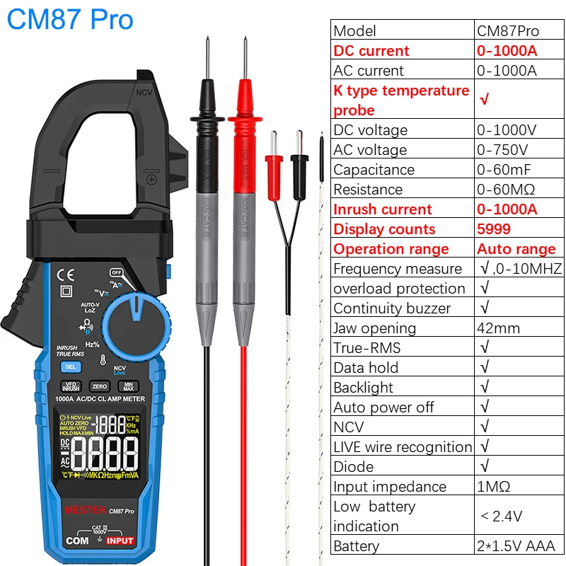 

Mestek Clamp Meter Multimeter AC/DC Voltage Current 10000 Counts Ammeter Voltmeter NCV Resistance Capacitor Tool electrician