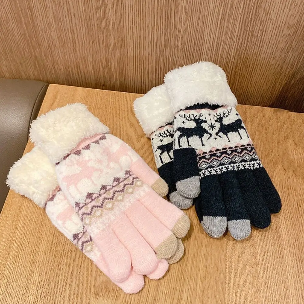 

Simple Deer Christmas Knitted Gloves Wool Plush Full Finger Gloves Plush Cuff Windproof Winter Mittens Autumn