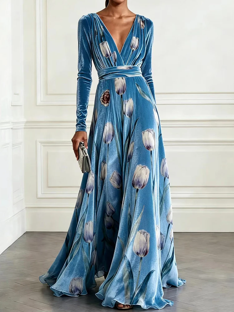 Women Deep V Neck Long Sleeve Chic Maxi Dress Autumn Winter Simple Printing Patchwork Loose Casual Ladies Party Dress Streetwear
