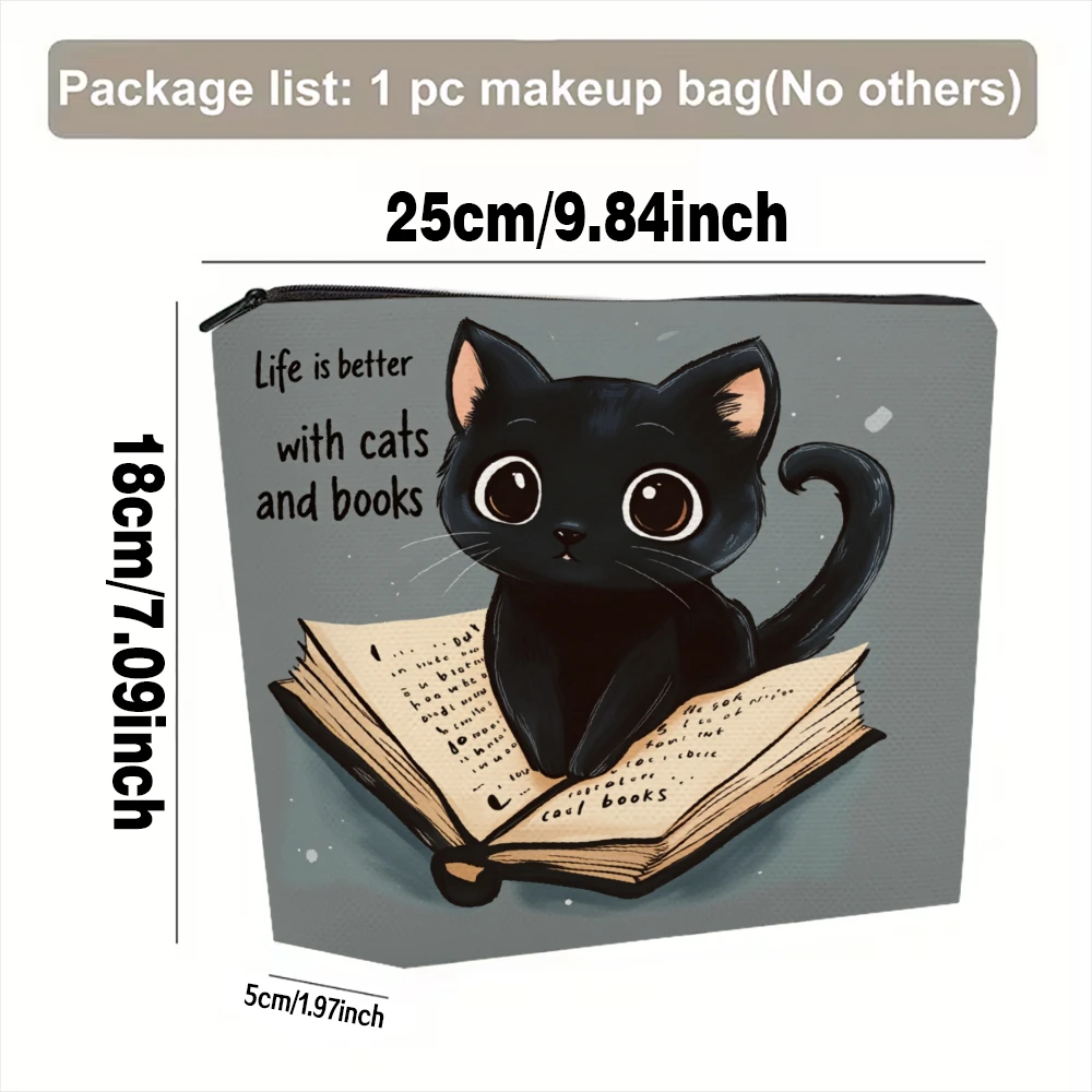 Black Cat Reading Book Pattern Makeup Bags for Girls Cosmetic Pouch Toiletry Bag Pencil Case Travel Storage