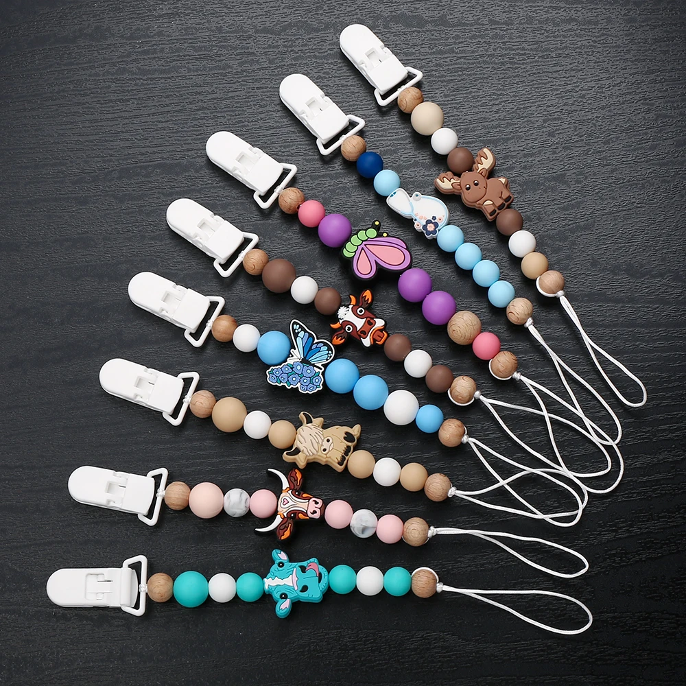 Cute Cartoon Animal Silicone Baby Pacifier Clips Wood Beads Soother Chew Teethers Toys Dummy Safe Teething Pacifier Chains Gifts