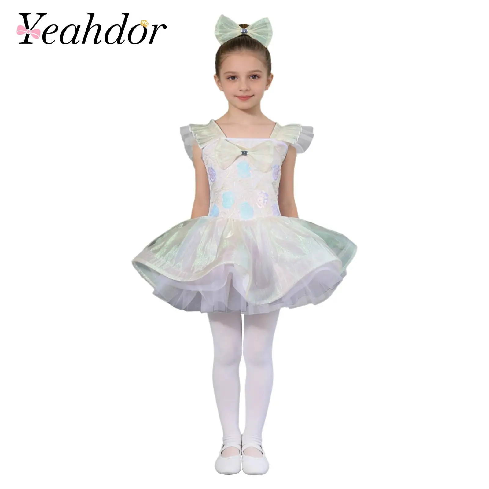 

Kids Girls Stage Performance Ballet Dance Outfit Ballerina Clothes Sparkling Sequin Tulle Princess Tutu Dress with Bow Headwear