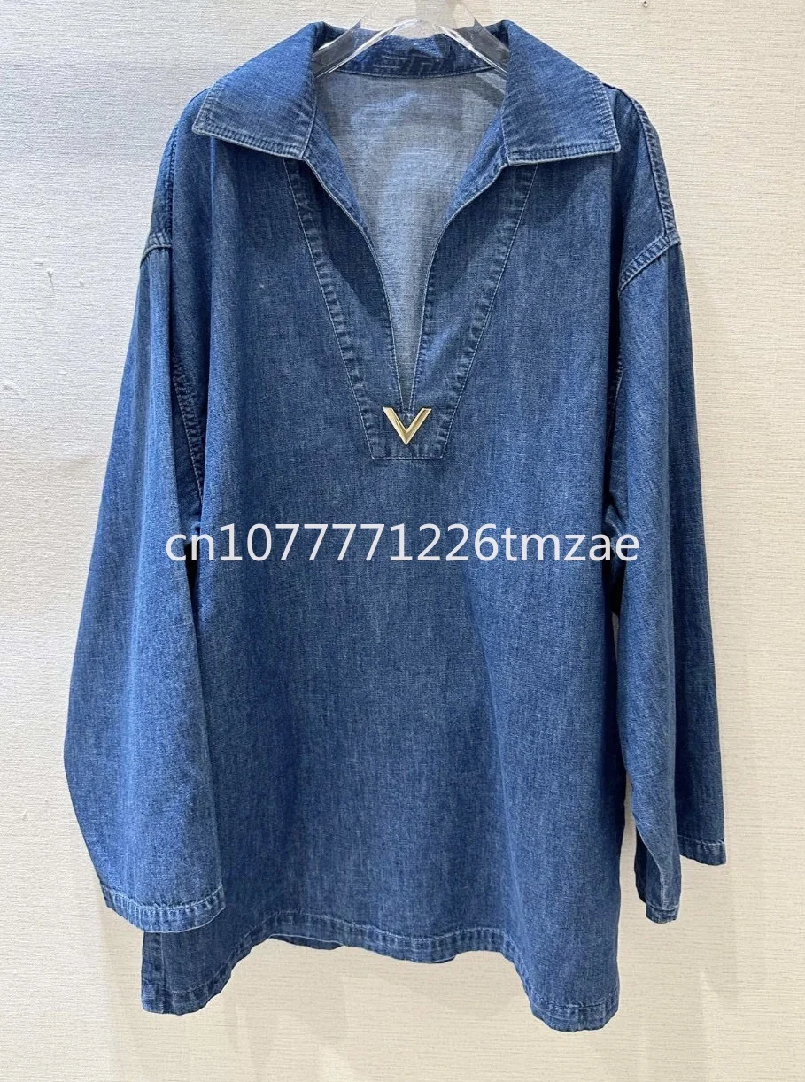 New Denim 100% Cotton Oversized Loose Designer Jacket, Metal Letter Coat