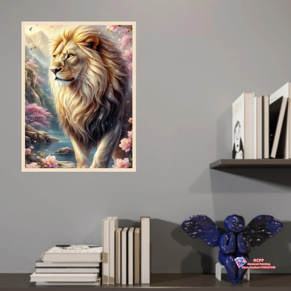 Golden Lion with Cherry Blossoms by Lake 5D DIY Diamond Painting Set with Square and Round Diamonds Crafts Home Decor Gifts