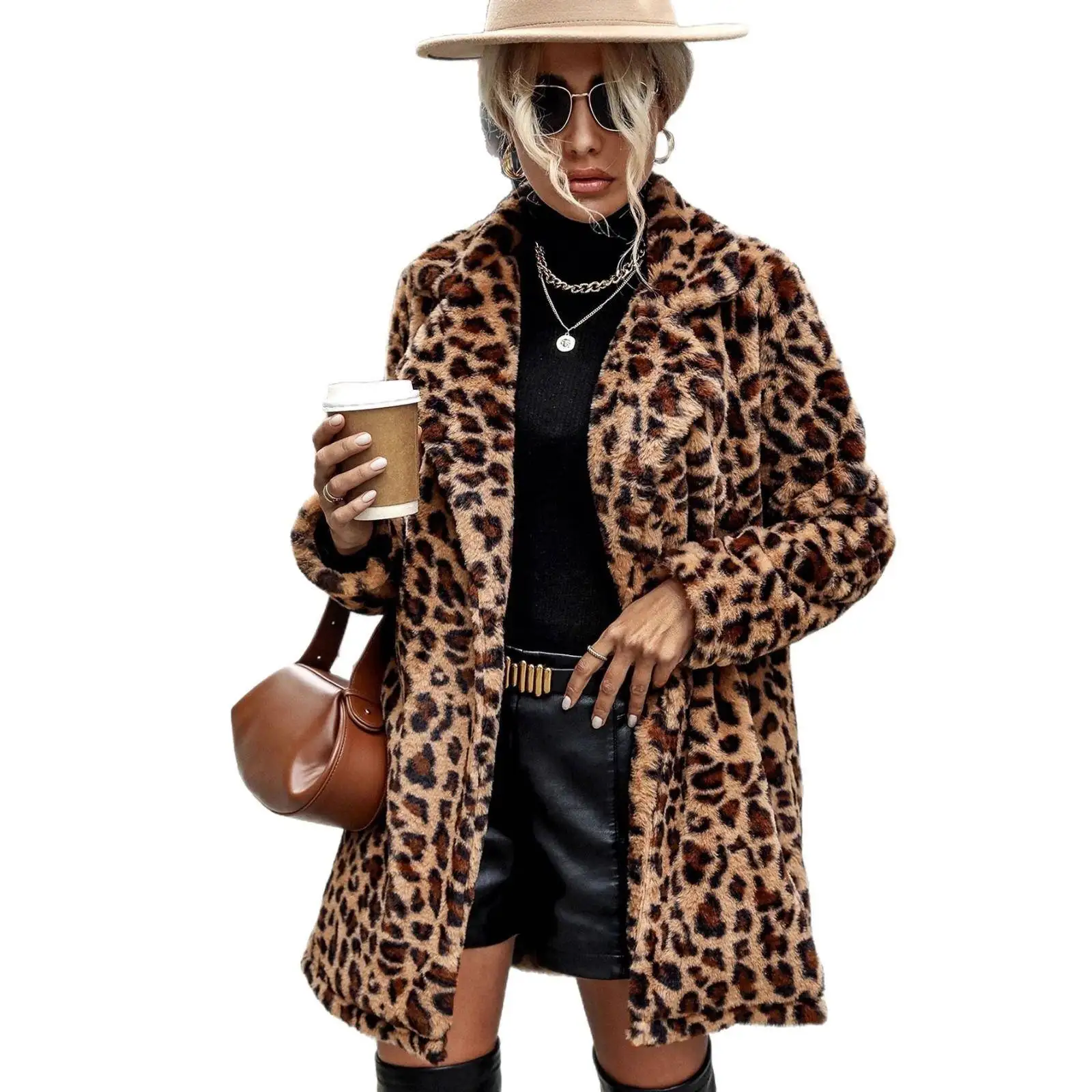 패셔너블한 레오파드 프린트 롱 코트 여성용 겨울 캐주얼 아우터웨어 폴리에스터 섬유 100% 롱 코트 JUNJIE-5570
