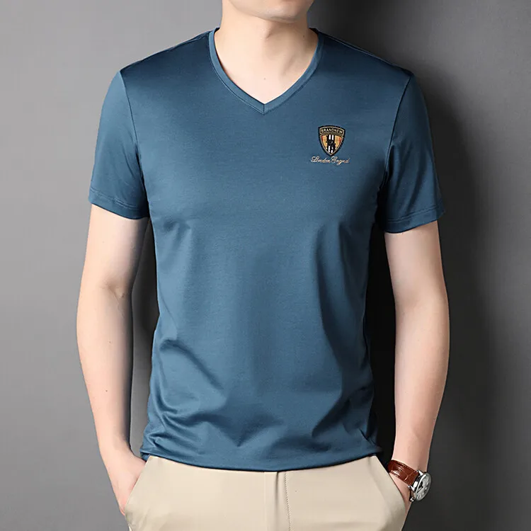 

Summer New Polo-collar Shirt Contain Mulberry Silk Short-sleeved T-shirt Men's Silky and Breathable Quality Men's Shirt