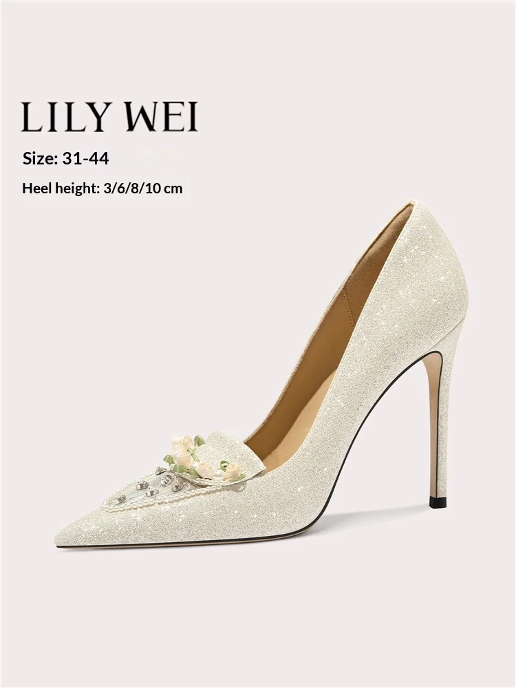 

Spring new pointed toe shallow sequin pearl flower lace wedding shoes banquet large size small size thin high-heeled women shoes