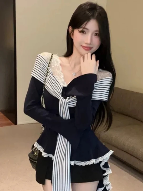 Korean Sle Lace Splice Tie One oulder Long Sve T-irt Women's Slimming Top for Autumn Winter Faion Commute Sle