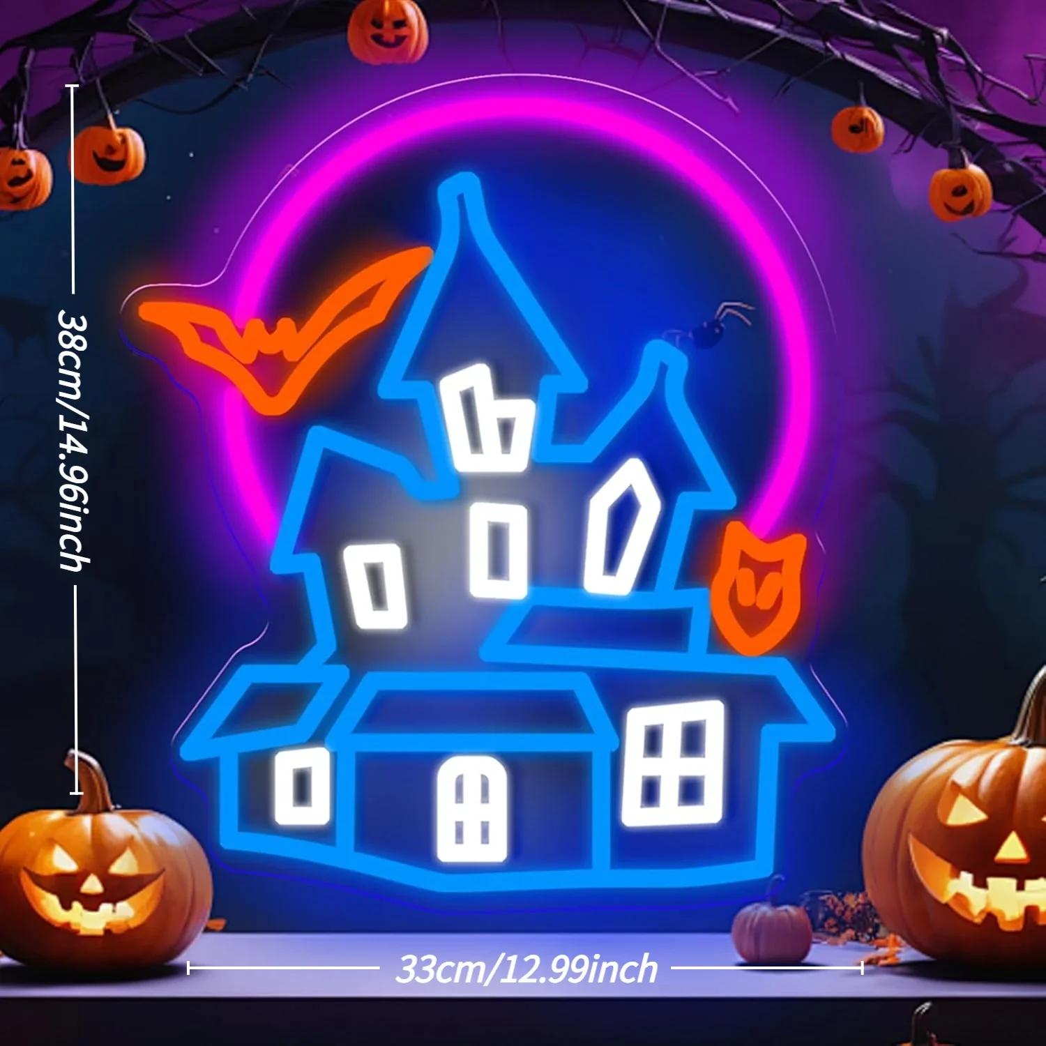 Haunted House Neon Sign Dimmable Wall Light Bat Pumpkin Decor for Halloween Party Bar Club Garage Man Cave Game Room Teen Gift