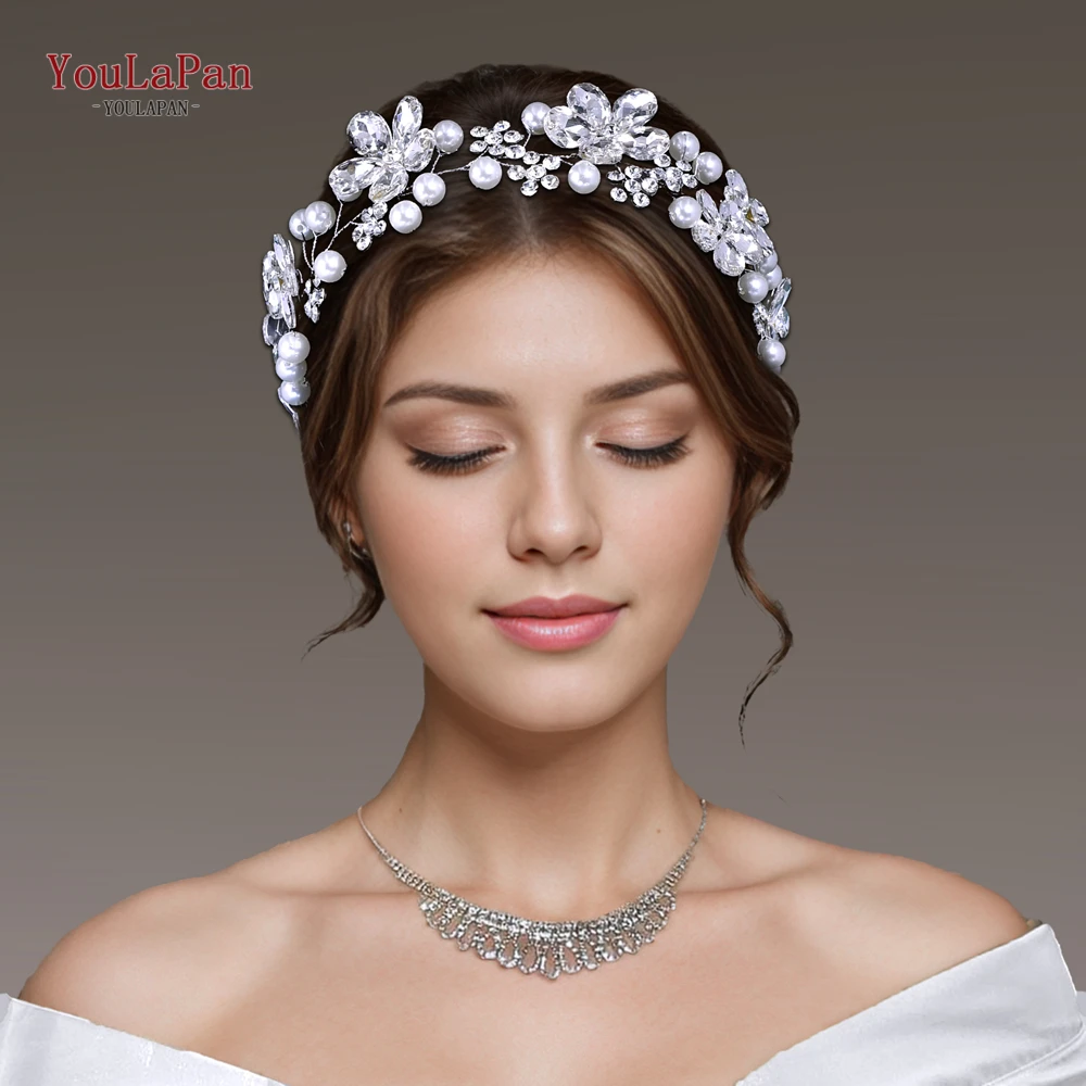 

YouLaPan Luxury Bride Rhinestone Flower Headband Handmade Wedding Hair Band Women Elegant Pearl Headpieces Hair Accessorie HP789