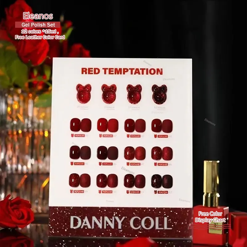 

Dannycoll Red Gel Phototherapy Polishing 12PCS Glitter Varnish Gel Soak Wine Red Lasting Shiny Primer Nail Art Winter Salon Kit