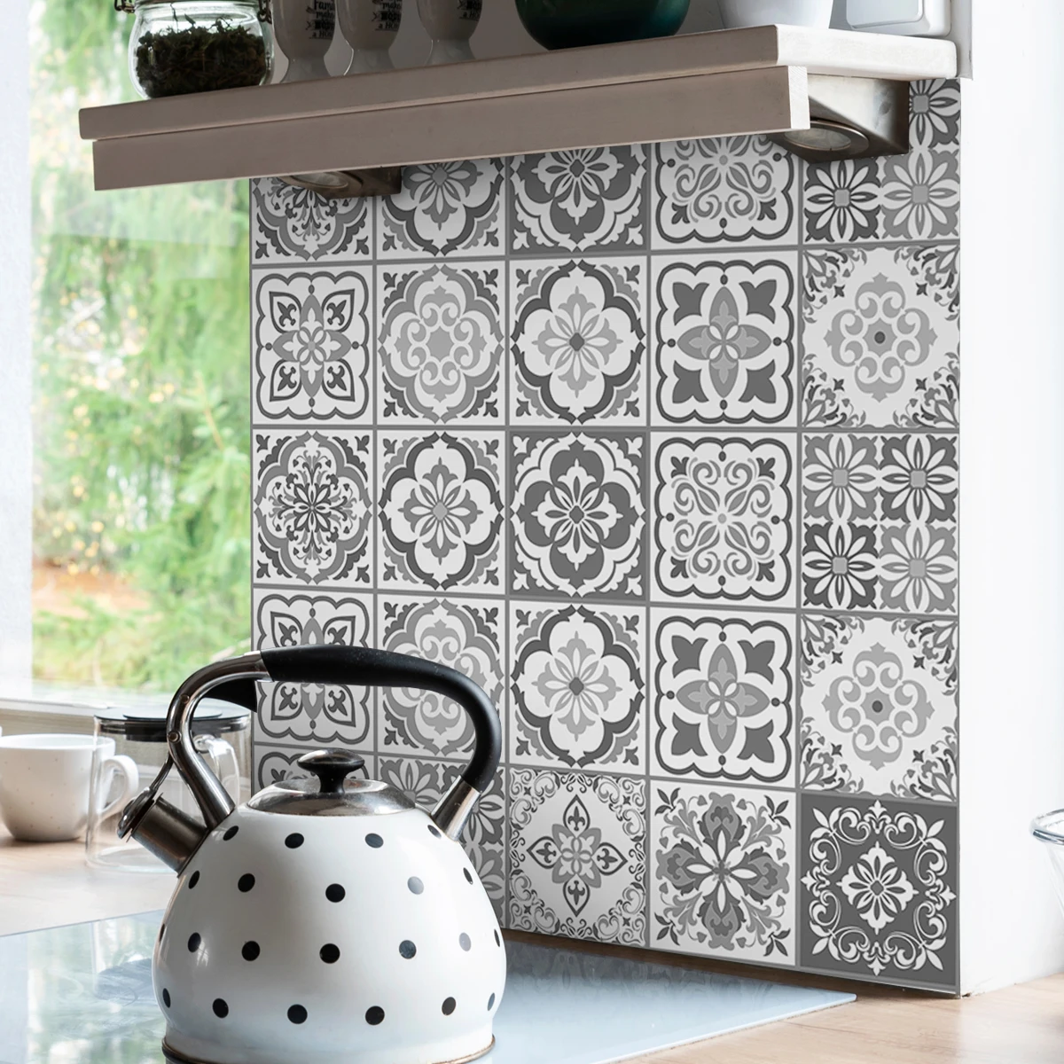 1 roll grey and white Portugal and Spain Morocco decorative patterns thickened moisture-proof oil-proof kitchen stickers self-ad