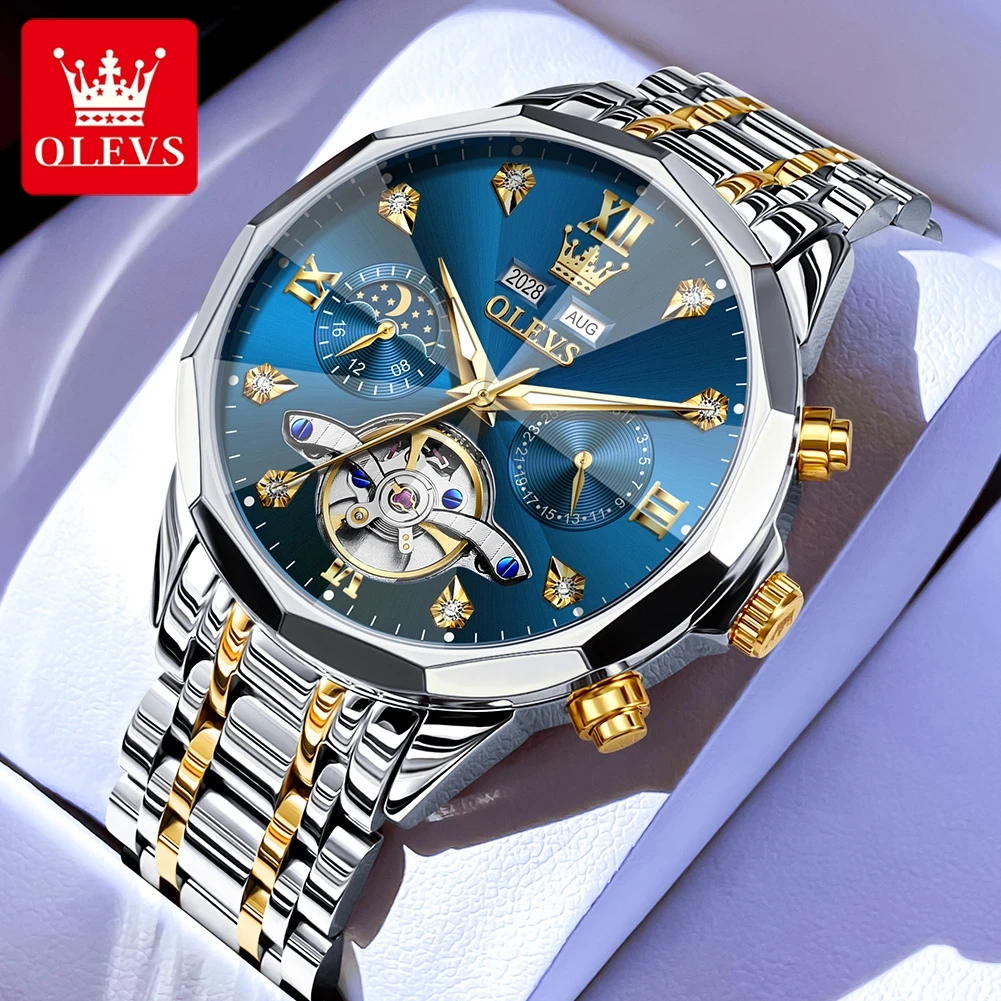 

OLEVS Men's Watches Top Brand Luxury Fashion Fine Steel Original Automatic Mechanical Wristwatch Flywheel Movement Moon Phase