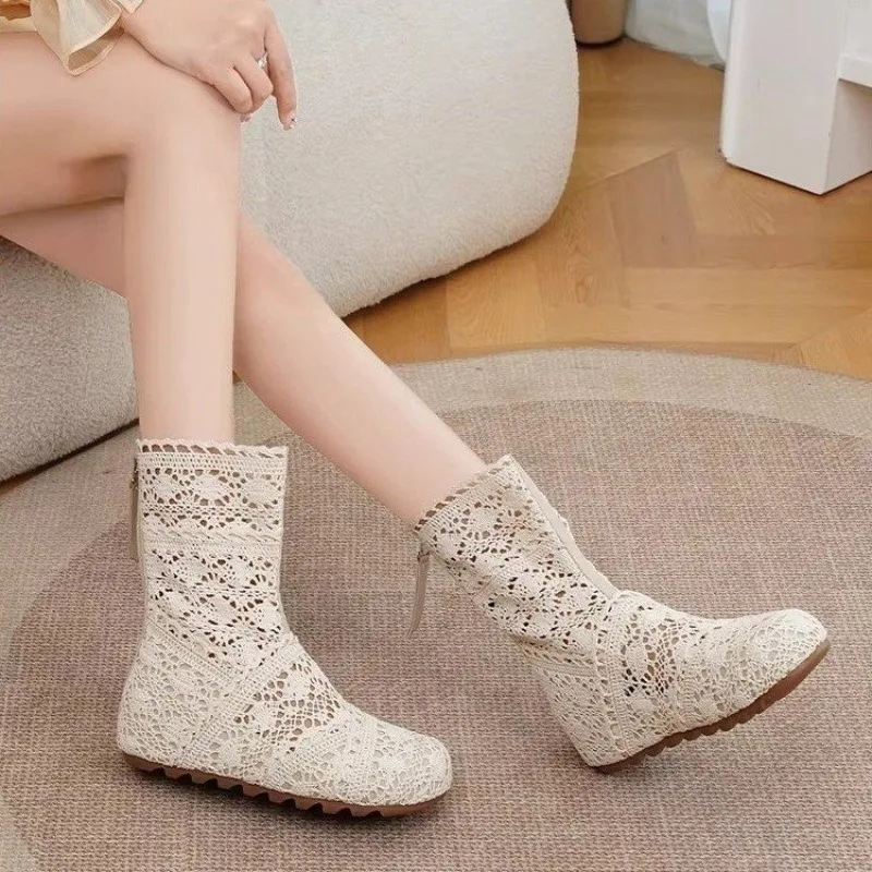 2026 new shoes lace hollow crochet boots XL hollow fashion women's boots Beef tendon base Crochet summer breathable boots
