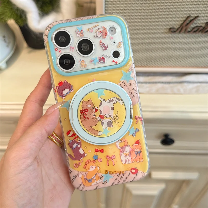 

Kawaii Cartoon Cat Ring Stand Phone Case For iPhone 15 16 17 Pro Max INS Korean Style Glitter Clear Shockproof Protective Cover