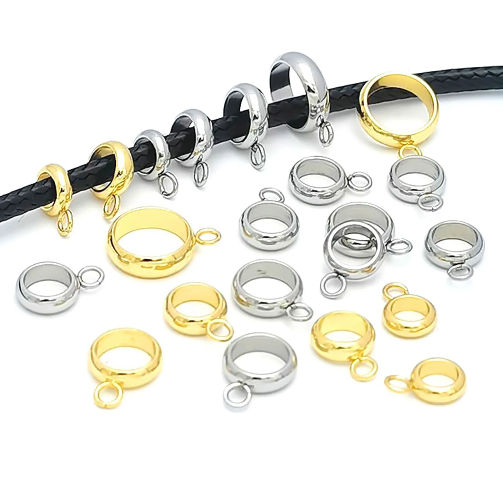 10pc/Lot 304 Stainless Steel Connectors Bails Beads For Jewelry Making Gold Color Leather Rope Cord Accessories 5-8mm Dia.