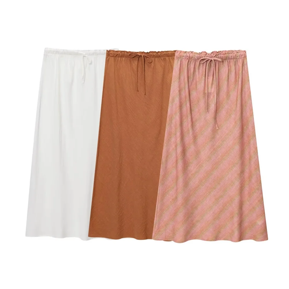 Dames linnen gemengd midi rok midden taille trekkoord riem A-lijn onderkant zomer nieuwe modieuze halve lengte rok