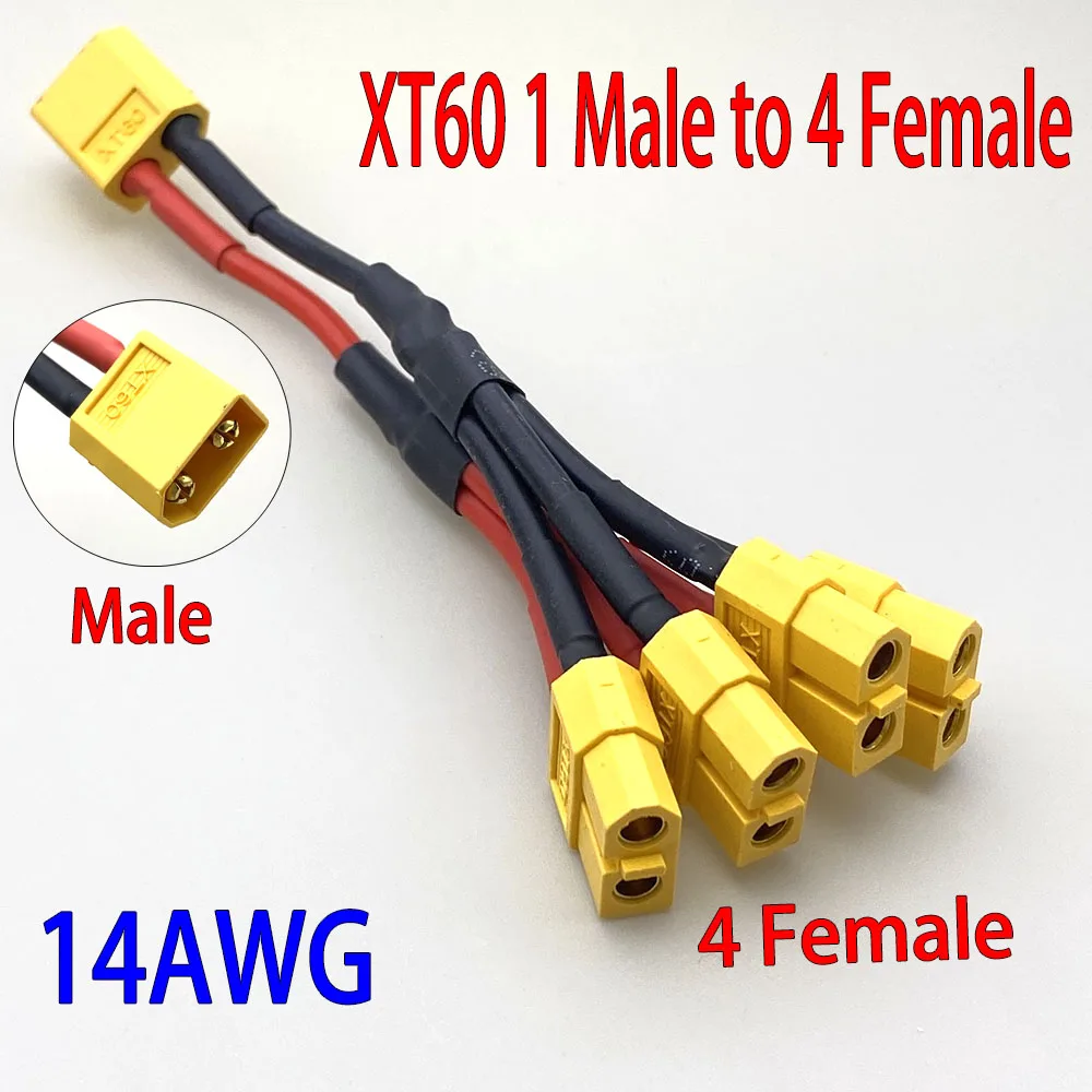 XT60 1 Male to 4 Female Parallel Battery Connector Cable Dual Extension Y Splitter/ 4-Way 14AWG Silicone Wire for RC Battery
