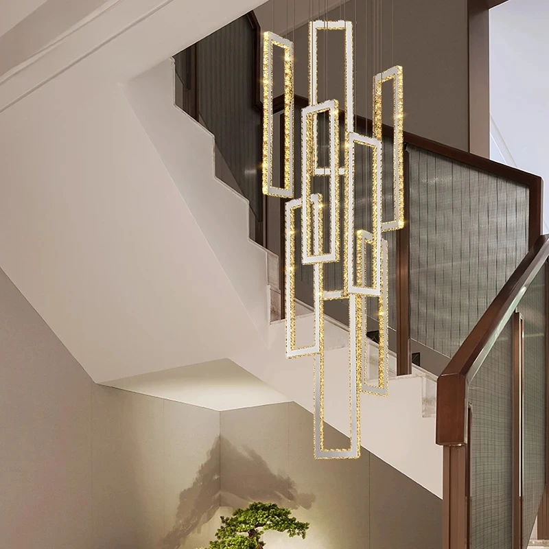 Staircase Lamp Long Chandelier Villa Duplex Light Luxury Rotating Staircase Lamp Hotel Project Living Room Lamp Crystal Chandeli
