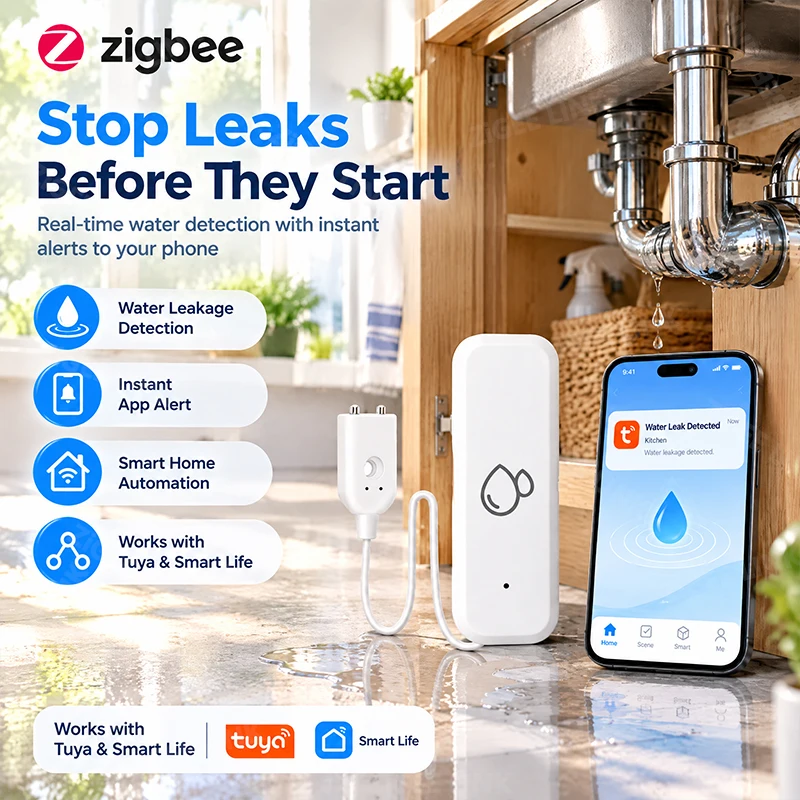 Zigbee Smart Water Leak Detector With External Probe Wire Smart Life App Instant Alert Alarm For Home Plumbing System Protection
