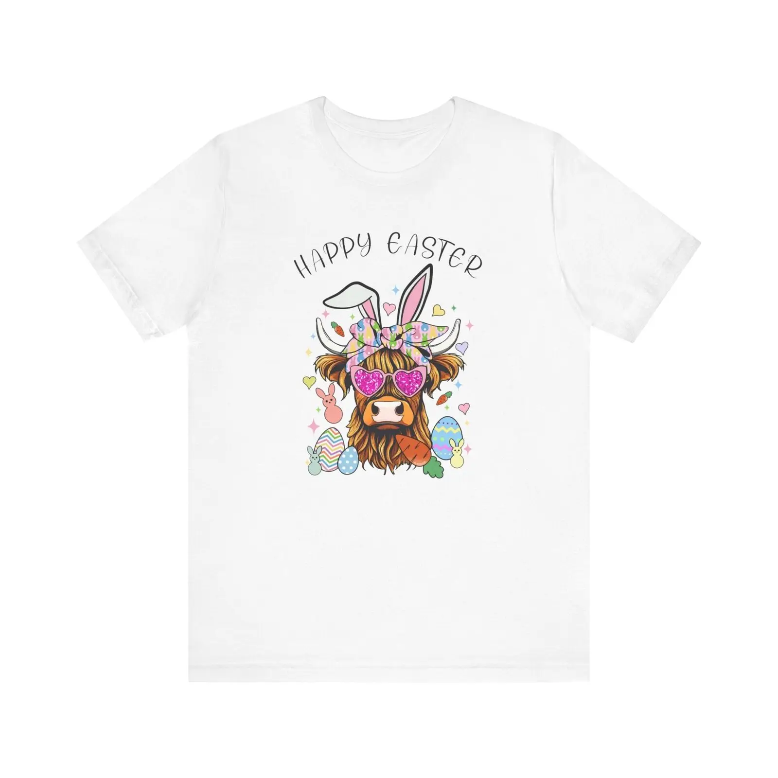 Bella Canvas 3001, Unisex, White, Easter Day Highland Cow T-Shirt