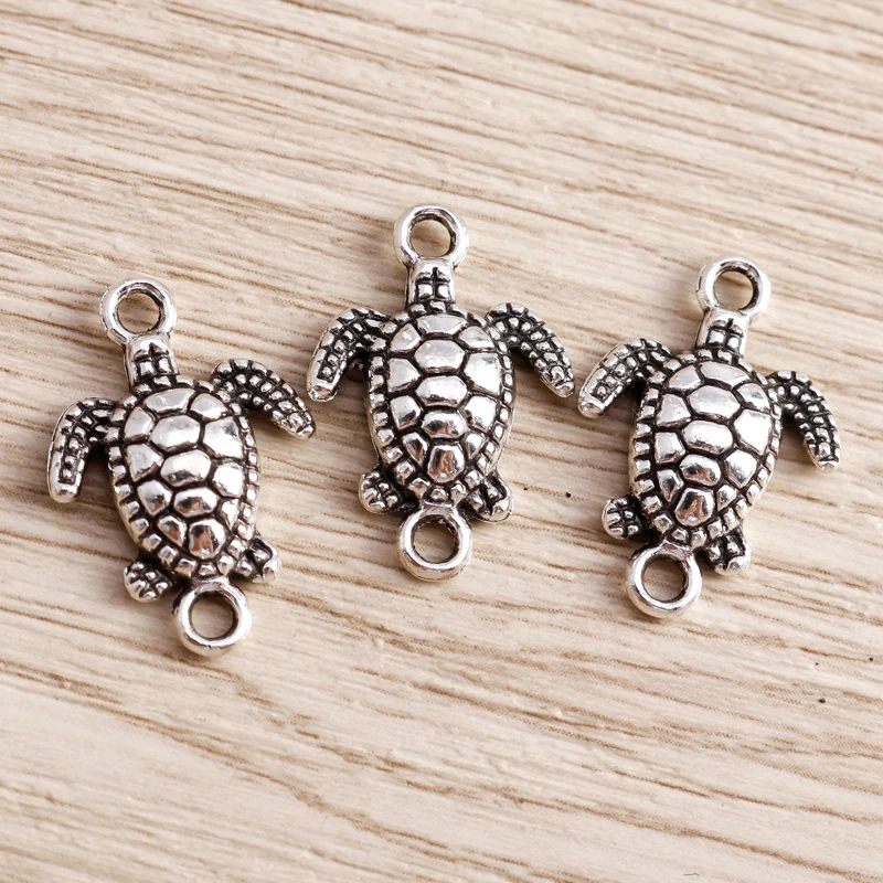 Tusember 20 Stück 14*21mm Schildkröten-Anhänger Tibetisch Silberfarben Schildkröten-Charms DIY Handgemachtes Antik-Schmuckzubehör – Detail 5