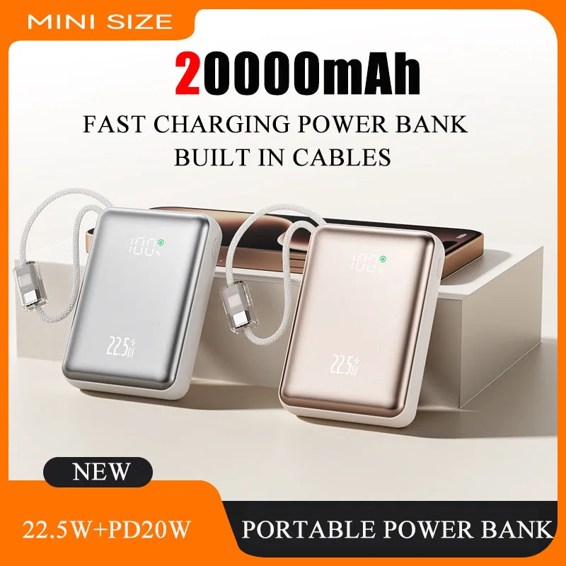

Быстрая зарядка Power Bank 20000 мАч Портативное зарядное устройство Встроенные кабели Цифровой дисплей Powerbank Внешний аккумулятор для iPhone Xiaomi