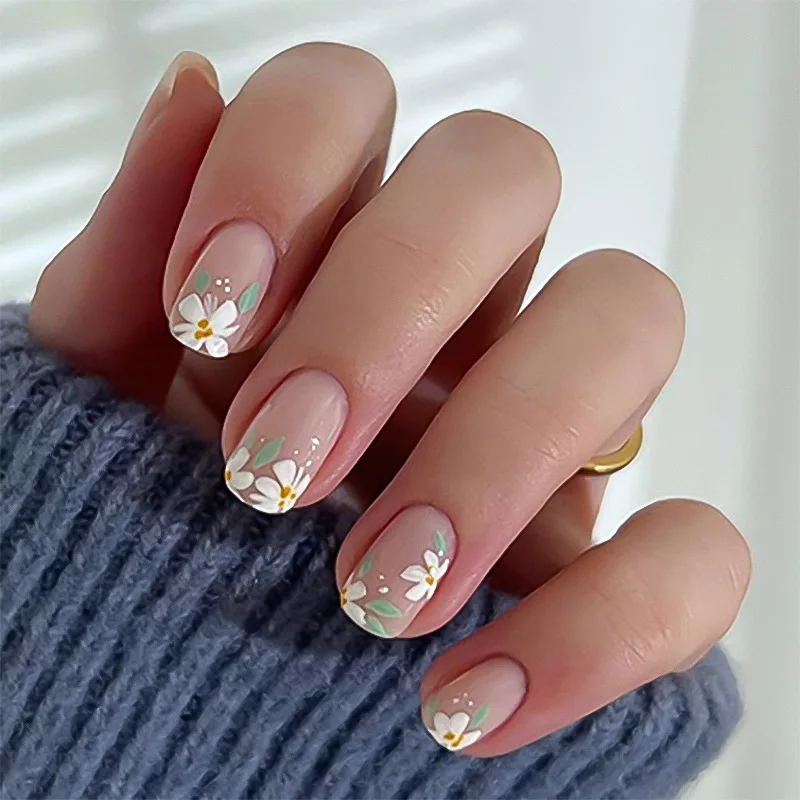 24Pcs Green Round Head False Nail with Flower Pattern Design Stick on Nails Press on Sets Finished Acrylic Oval Short Fake Nails 6