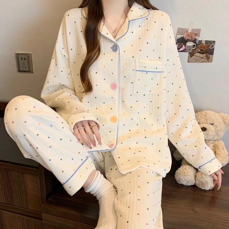 

New Korean-Style Insulated Colourful Polka Dot Cotton Pyjamas for Women Autumn/Winter Thickened Lined Casual Loungewear Set