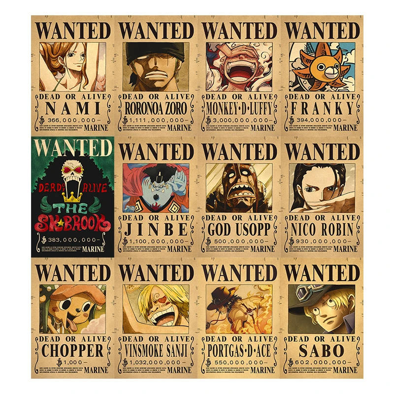 40cm 13pcs One Piece Retro Wanted Poster Super Bounty Luffy Sun God Nika Character Living Room Wall Decoration Set Toy