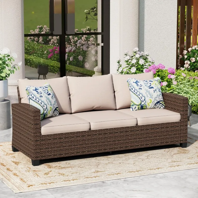 

Outdoor Patio 3-seat Wicker Rattan Patio Sofa，Outdoor Brown Premium Patio Furniture with 4" Thick Cushions recliner chair