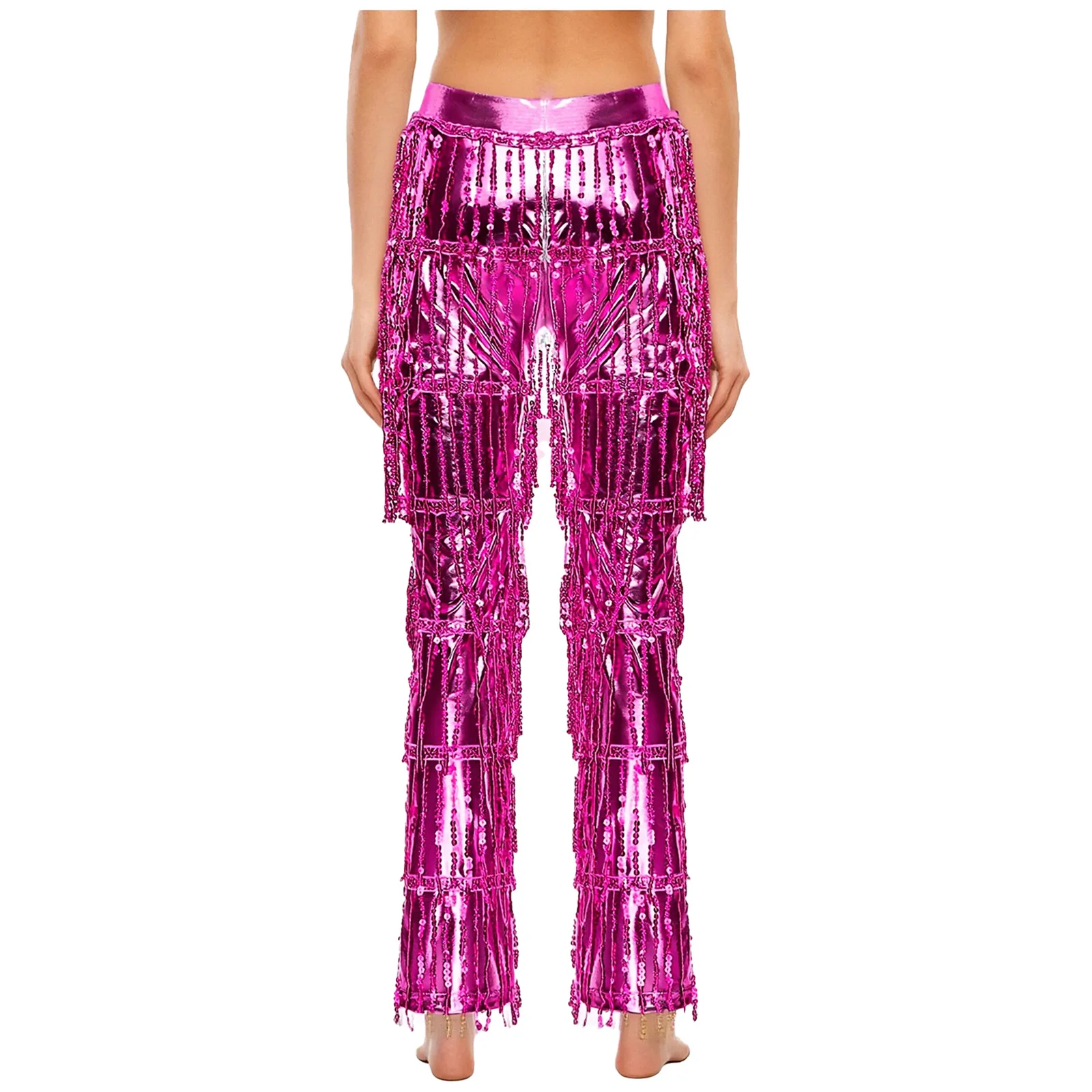エレガントな女性タンゴサルサ 70 年代ディスコダンスパンツティアードスパンコールタッセルカラーブロッキングメタリックロングパンツズボンラテンダンスウェア