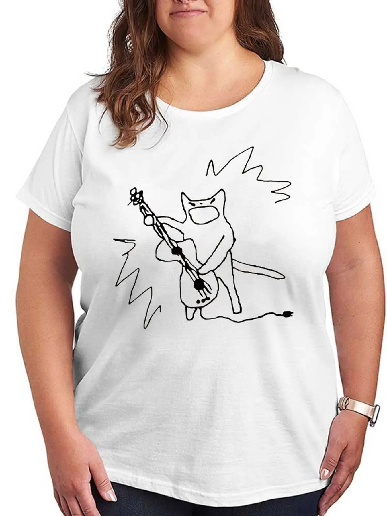 Funny Cat Playing Guitar Graphic T Shirt Women Fashion Short Sleeve Stretchy Plus Size Casual Summer Tees Tops Streetwear Clothes
