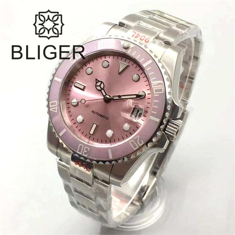 BLIGER 40mm Automatic Watch For Men NH35 Mingzhu Miyota PT5000Sterile Movt Pink Sunbust Dial Ceramic Bezel Sapphire Glass Date