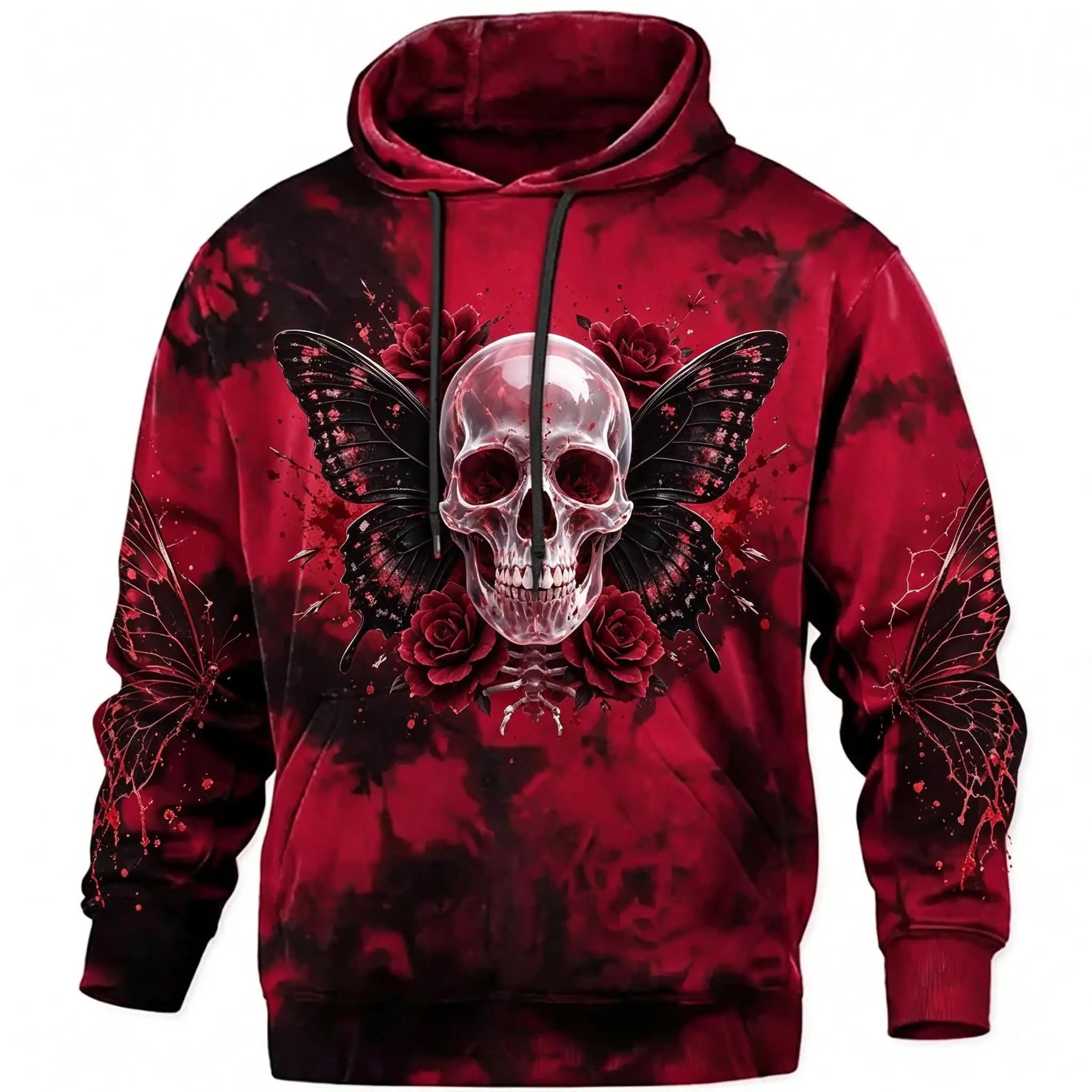 Men's Red Black Tie‑dye Raven Blood Moon Wing Phase Full Print Hoodie Drawstring Pocket Gothic Halloween Pullover Tops