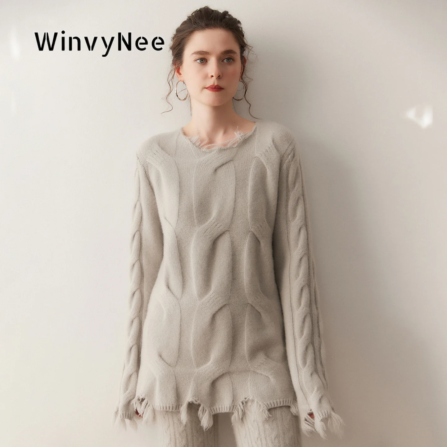 WinvyNee Womens Crew Neck Raw Edge Chunky Cable Pullovers Fluffy Mixed Wool Slouchy Artistic Trendy Winter Casual Top A1654048