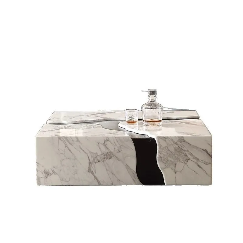 Modern style marble coffee table with panel top, height adjustable, metal frame, light luxury design, suitable for living room