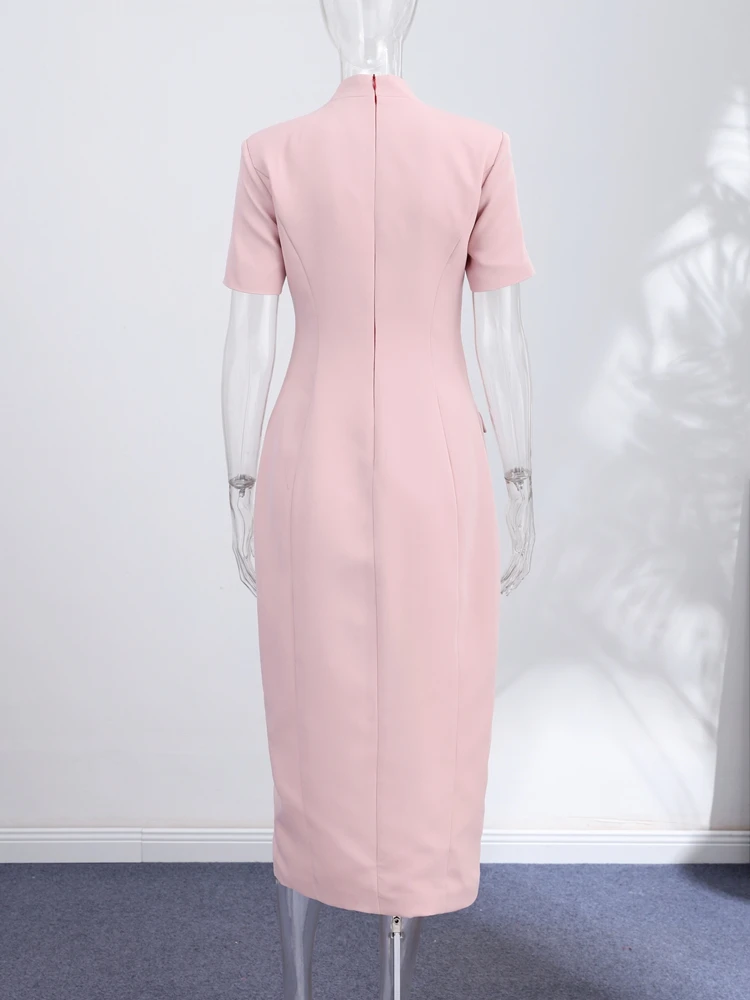 Tief Ausgeschnittenes Kurzarm-Kleid mit Taillenschnürung Langes Damenkleid Sexy Einreihiges Einfarbiges Schlankes Party-Abendkleid Schickes Damenkleid Vestido – Detail 5