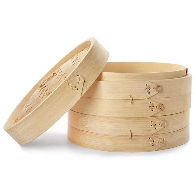 3 Piece Set - Bamboo Steamer Basket - Dumpling & Bun Steamer - Great For Cooking, Buns, Dim Sum, Vegetables, Fish