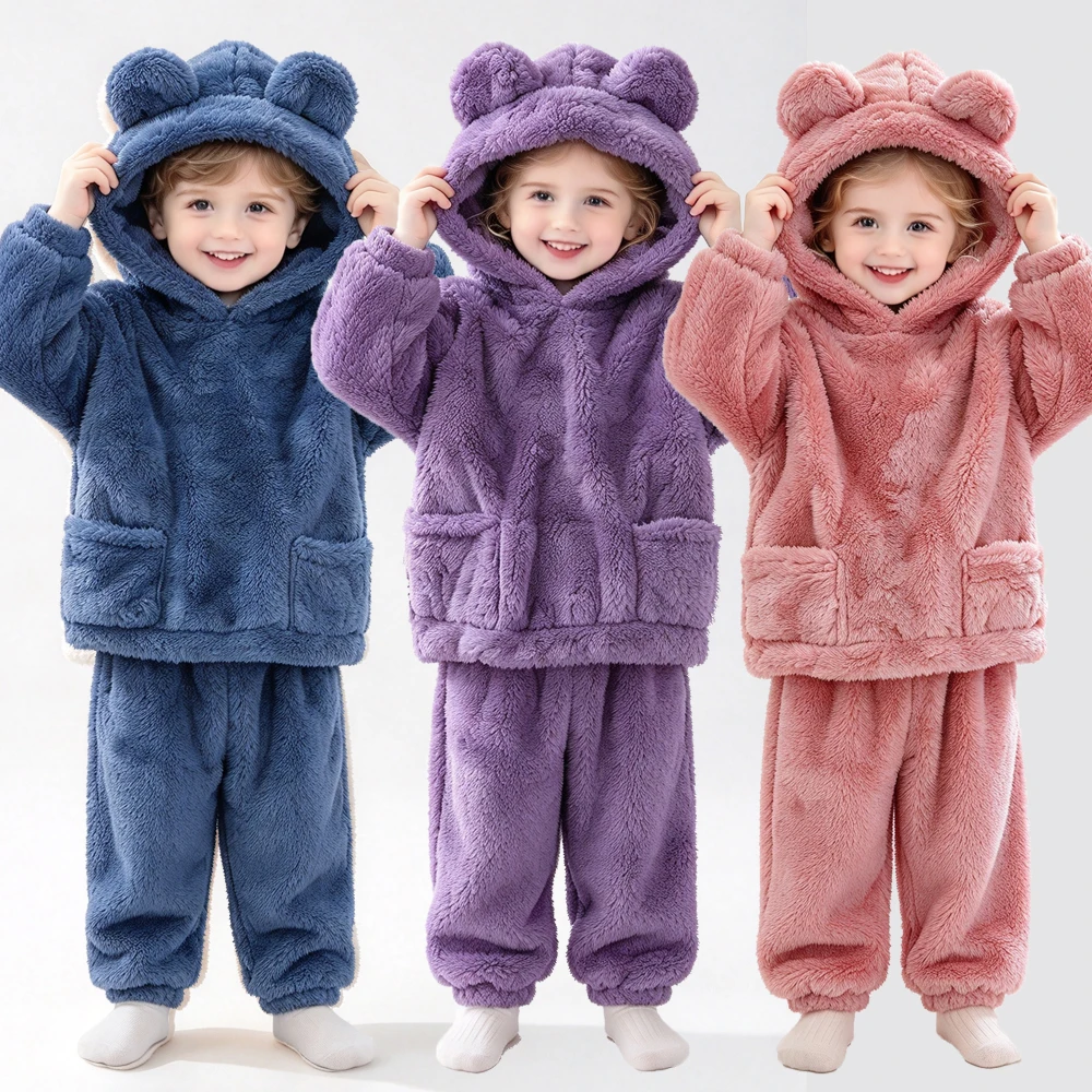 Children's Home Wear Set Kids Toddler Boys Pajamas Thermal Fluffy Baby Girl Pijamas 12 18 Months Clothes Pants Outfit Pink Blue