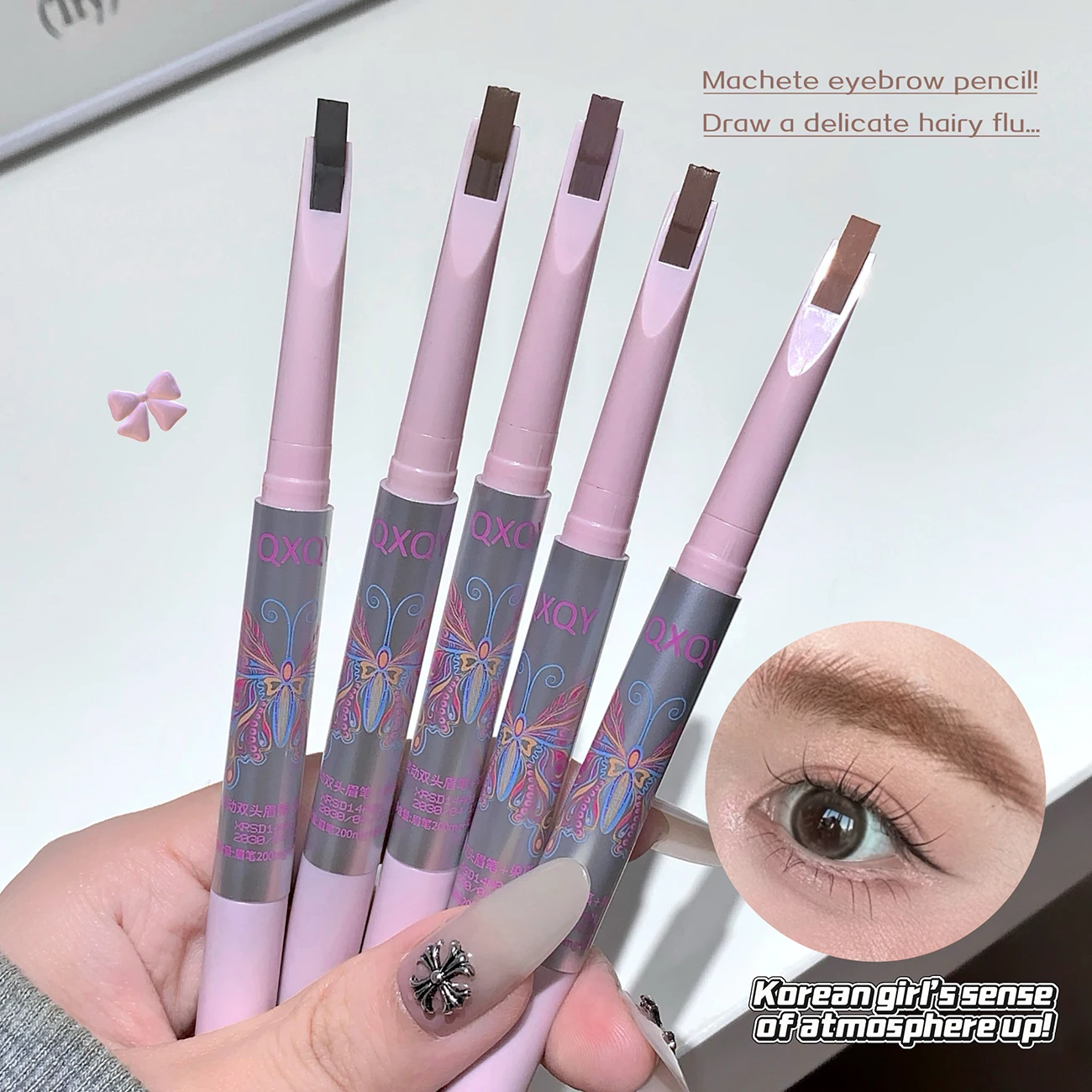 QXQY 듀얼 헤드 아이브로우 펜슬 앤 다이 2-in-1 내추럴 컬러 방수 땀 방지 오래 지속되는 번짐 없는 아이브로우 메이크업