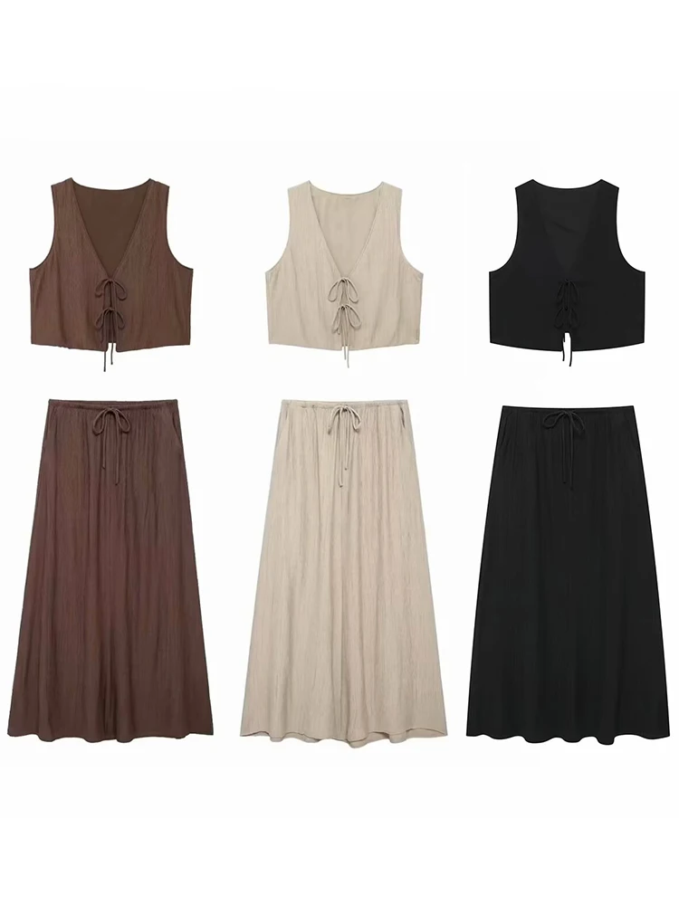 

HH женский уличный жилет, комплект из 2 предметов, шикарный текстурированный жилет без рукавов с v-образным вырезом на шнуровке + свободные плиссированные юбки миди на шнурке, наряд