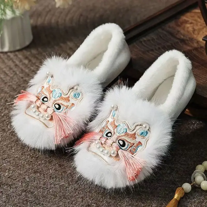 Women's Chinese Tradition Tiger Toe Embroidered Cotton Shoes Winter Soft Sole Shallow Slip On Plush Warm Flat Sole Hanfu Shoe