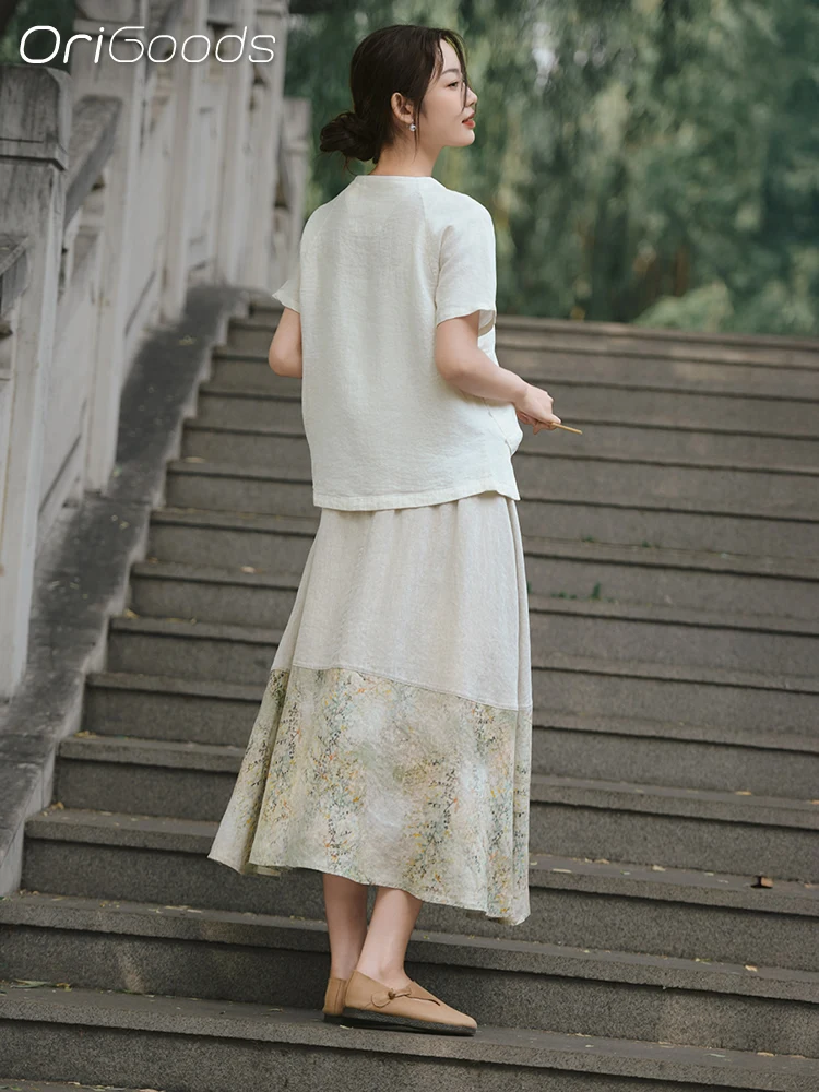 OriGoods 100% Linen Skirt Woman 2025 New Summer Flower Print Linen Skirt Elastic Waist Pocket Vintage Elegant Long Skirt Q152