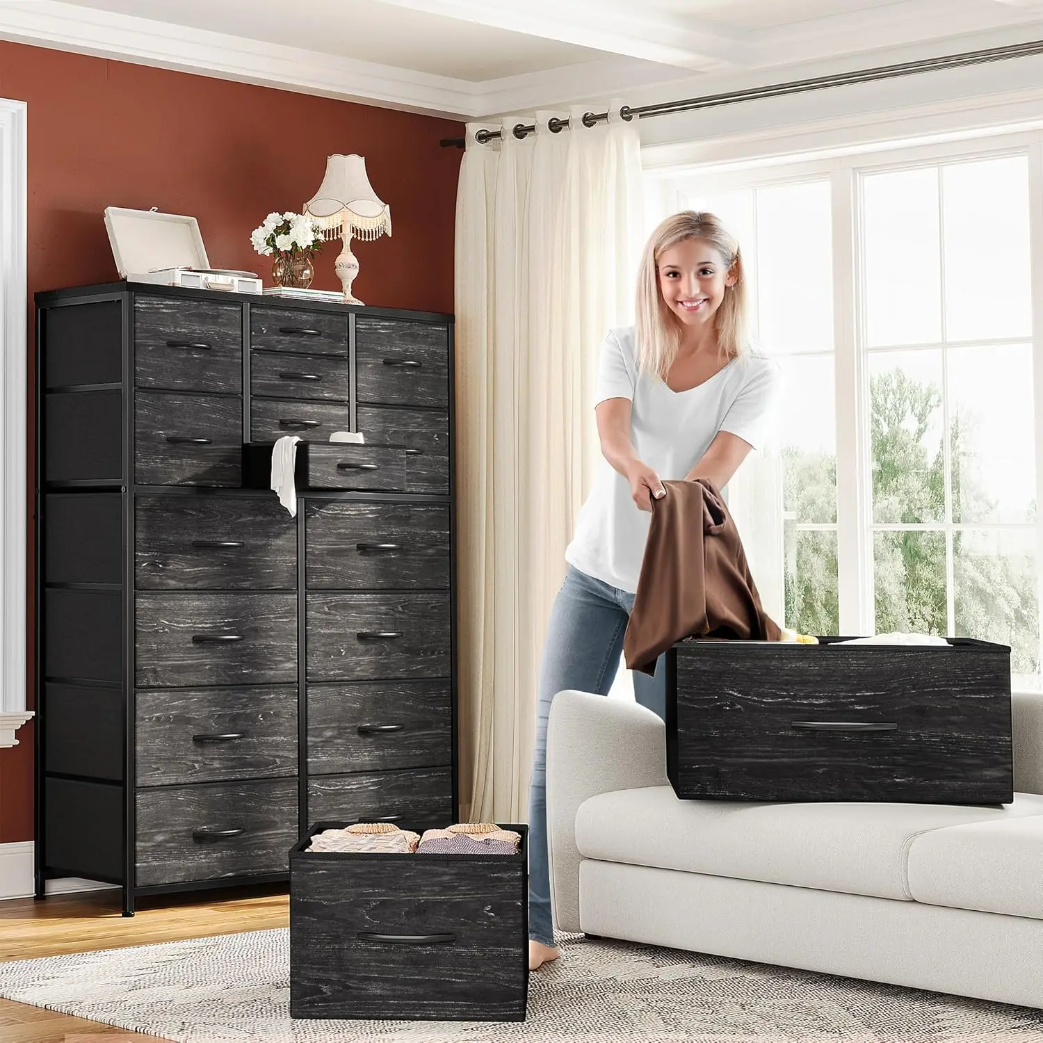 Black Dresser, Tall Dresser for Bedroom with 16 Drawer, Fabric Bedroom Dressers & Chests of Drawers, Storage Dresser for Bedroom