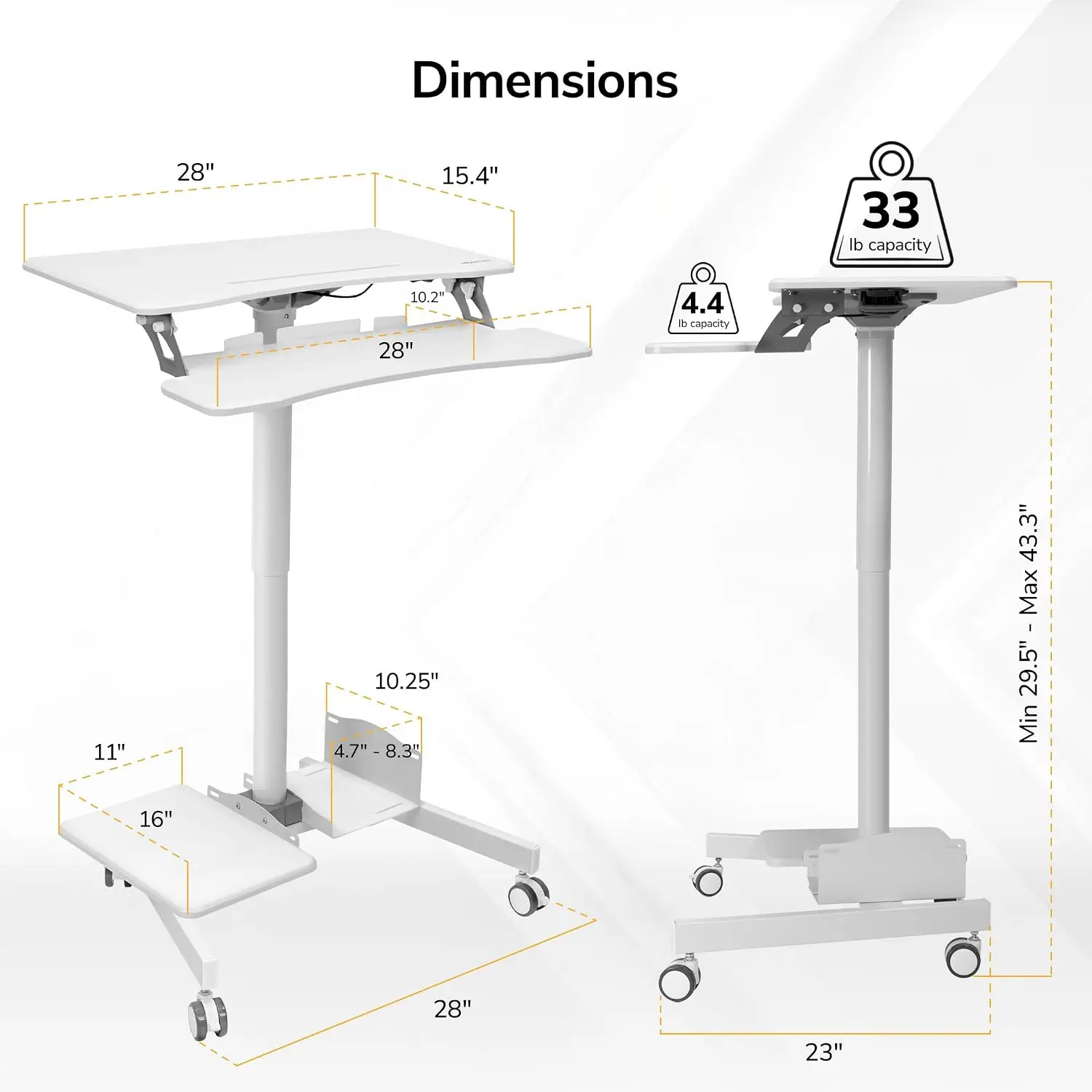 Mobile Computer Cart, Height-Adjustable Rolling Workstation with 28