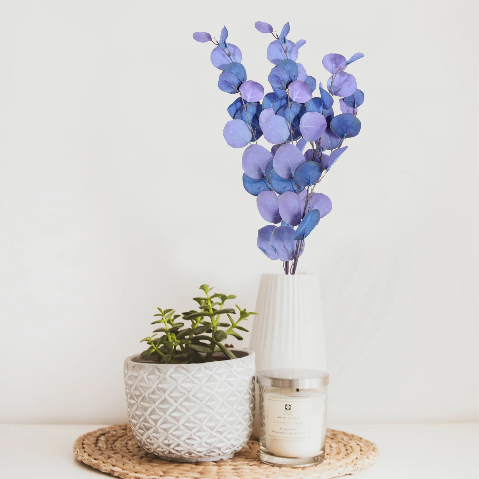 

Green Artificial Plant Leaves Faux Eucalyptus Stems Flower Arrangement Decorations Blue Silk Wedding