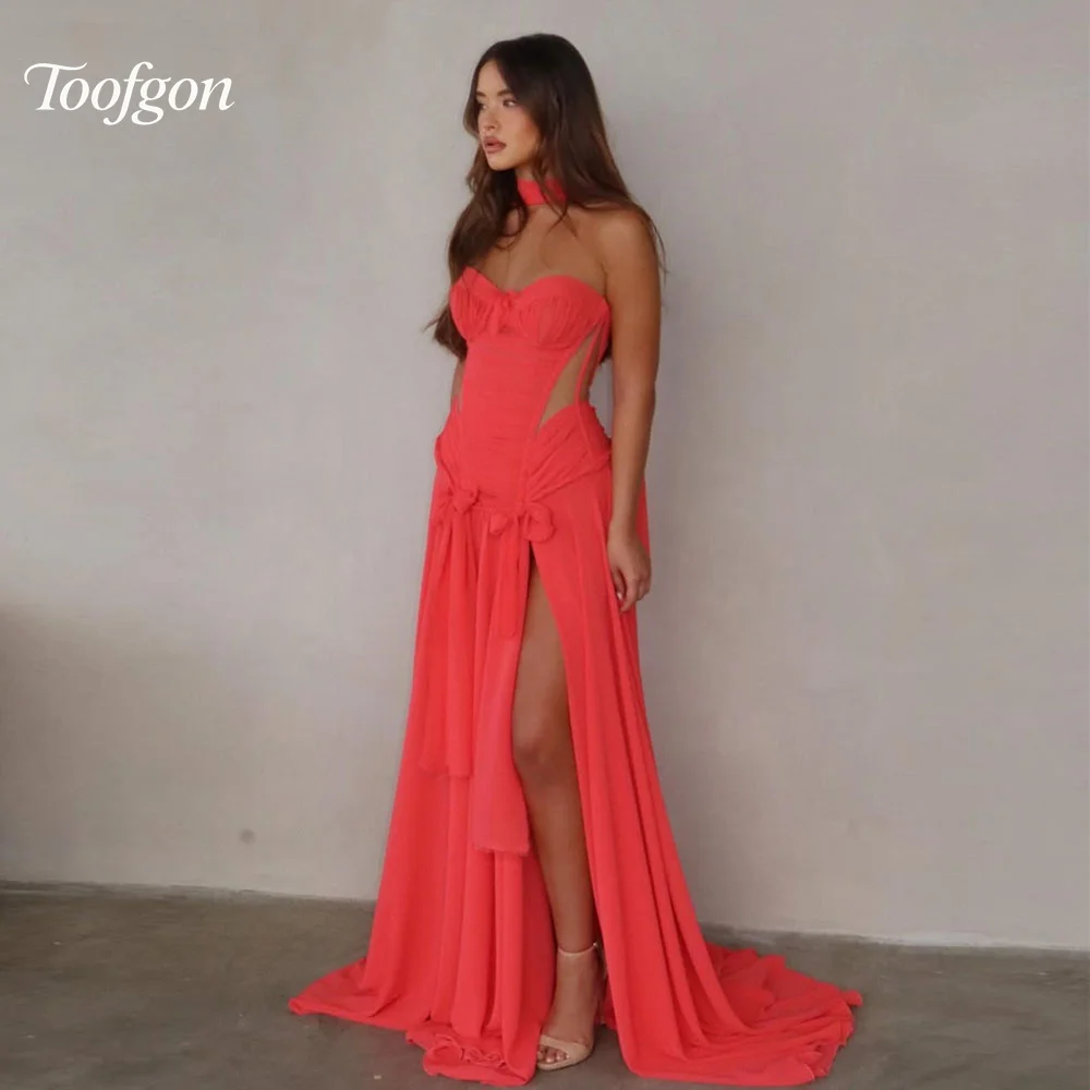 

Toofgon Chiffon Customized Long Prom Dresses Neck Wrap Sweetheart Formal Occasion Party Evening Gowns Women Brithday Wear