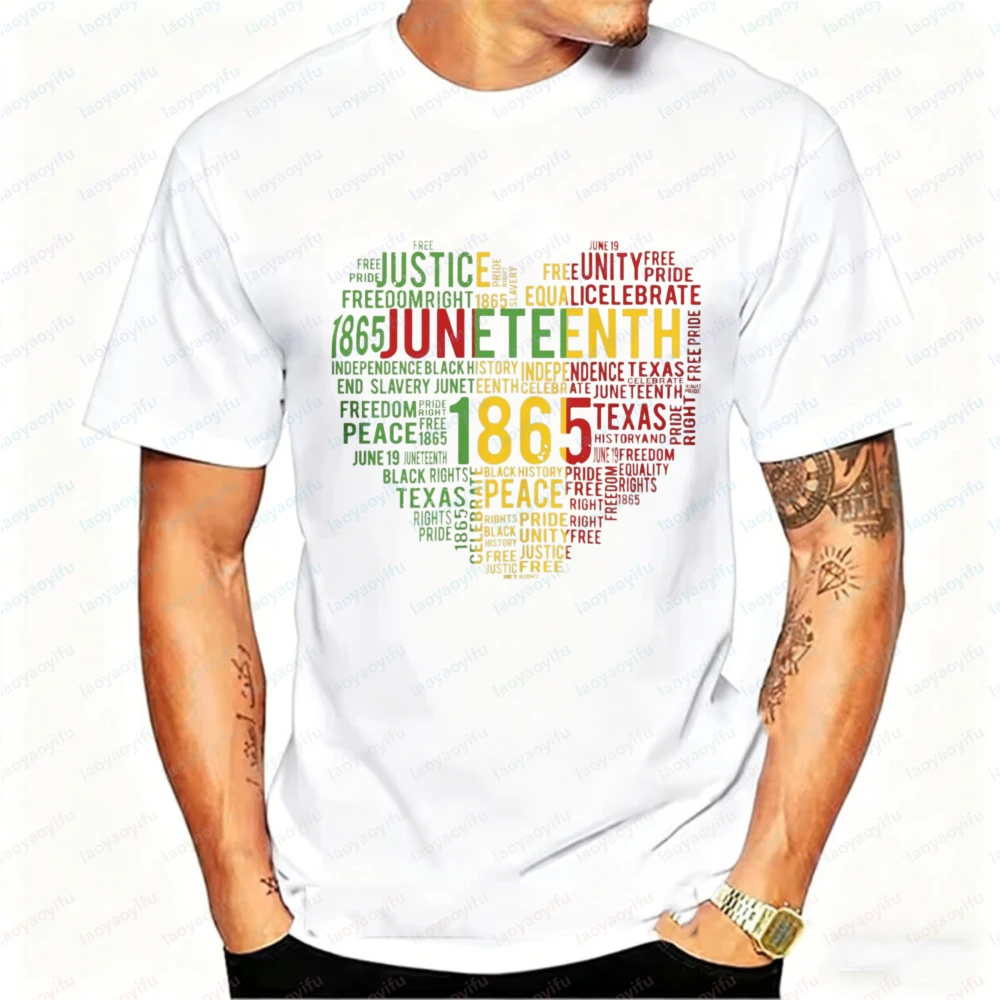 

Juneteenth 1865 Word Cloud Heart Graphic Tshirt for Men Freedom Justice Peace Print Cotton African American Emancipation Day Tee