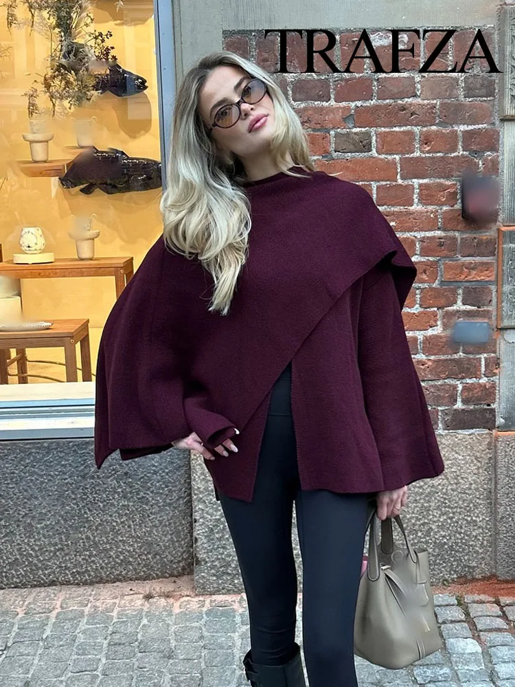 TRAFZA Autumn Fashion Women Jackets Solid O-Neck Long Sleeve Single Button Knitted Coat Female Casual Asymmetrical Loose Coats